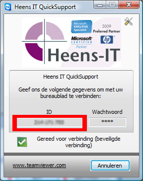 Geeft het ID nummer weer dat je nu ziet staan en wij kunnen je scherm overnemen